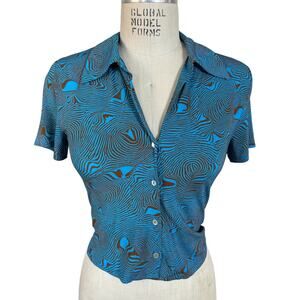 Paloma Wool Regina Short Sleeve Button Up Shirt in Blue and Brown Size Small